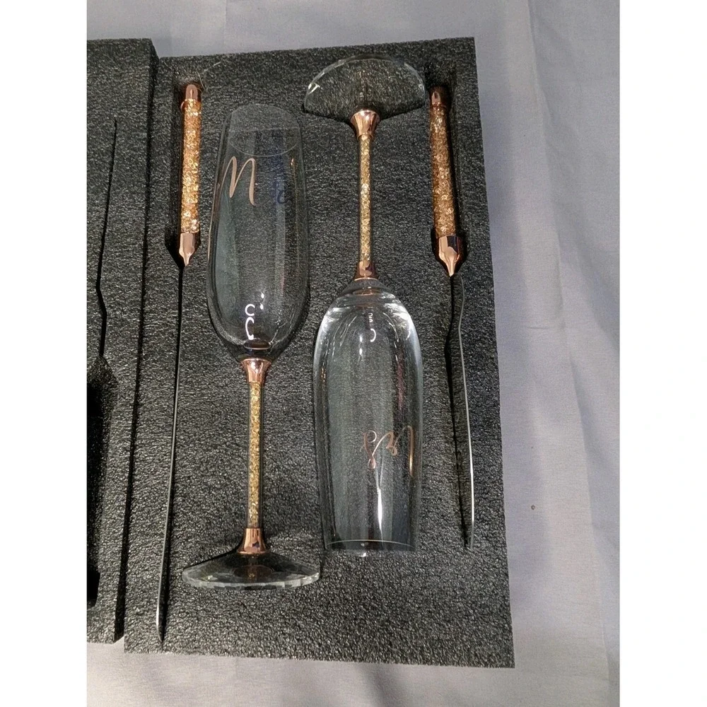 Mr Mrs Wedding Champagne Flutes Cake Knife Server Set Rose Gold Glitter